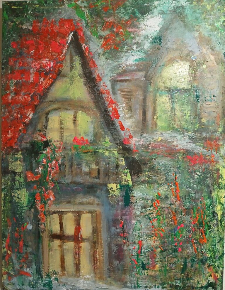 True’s House” abstract impressionist painting by Tania Miliou in acrylics, textured depiction of a poetic house surrounded by nature.