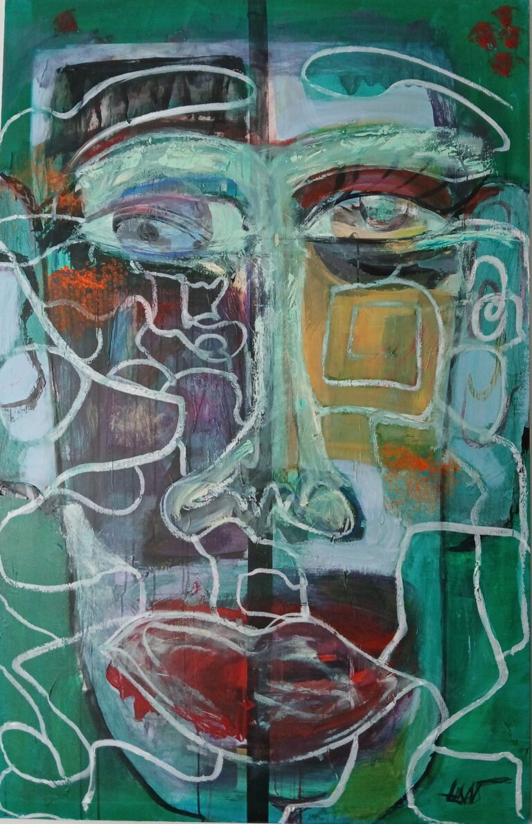 Abstract portrait of Frida Kahlo in acrylics and oil pastels on canvas by Tania Miliou Fine Art