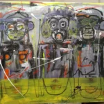 The Judges abstract acrylic and oil pastel painting by Greek artist Tania Miliou, exploring humanity&rsquo;s transformation into machines through technology.