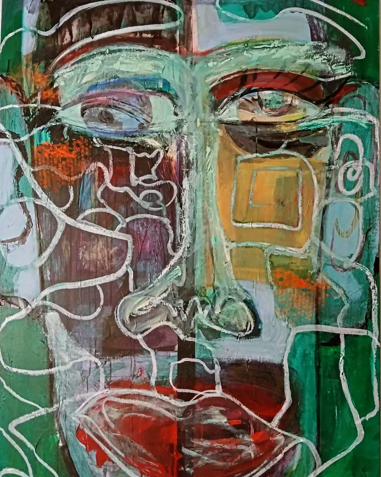 Alt Text: Large abstract painting titled BROKEN Frida (110x170 cm, acrylic & oil pastels) symbolizing the hidden trauma of domestic violence.