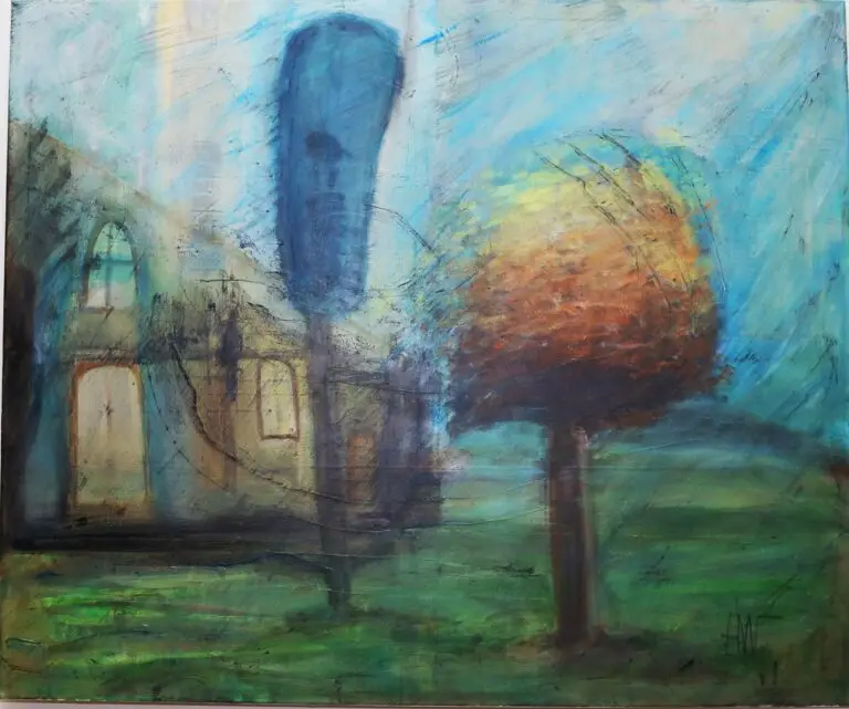 Discover The House of the Chief, a 135x115 cm acrylic artwork from the Strange City series, blending architecture, nature, and mystery.